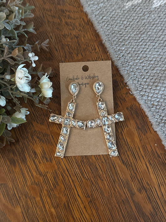 Crystal Cross - Gold Earrings