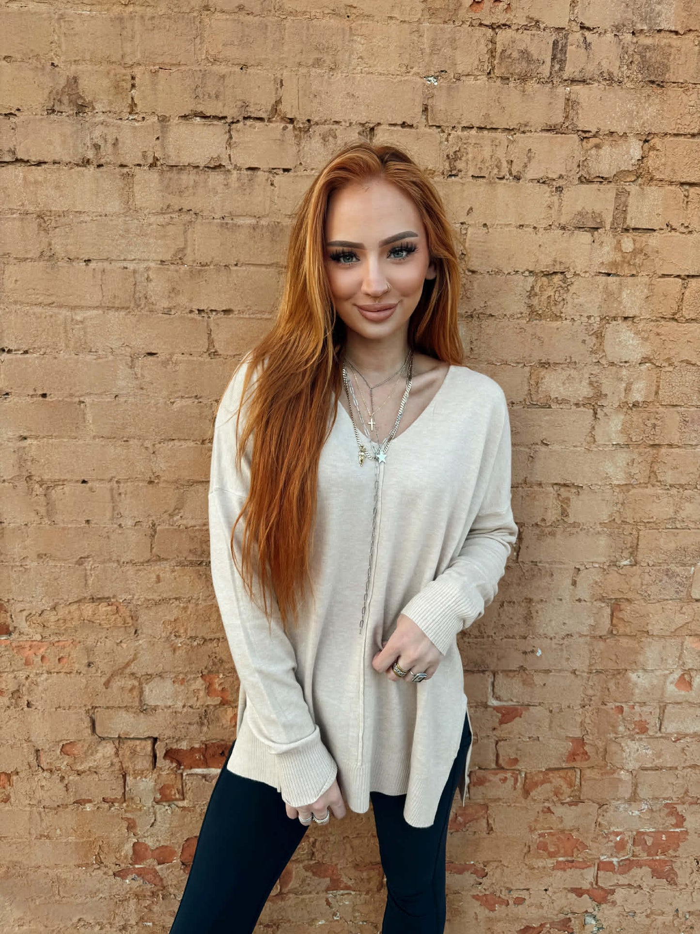 Hi-low Hem V-neck Center Seam Sweater - Beige *Door Buster*