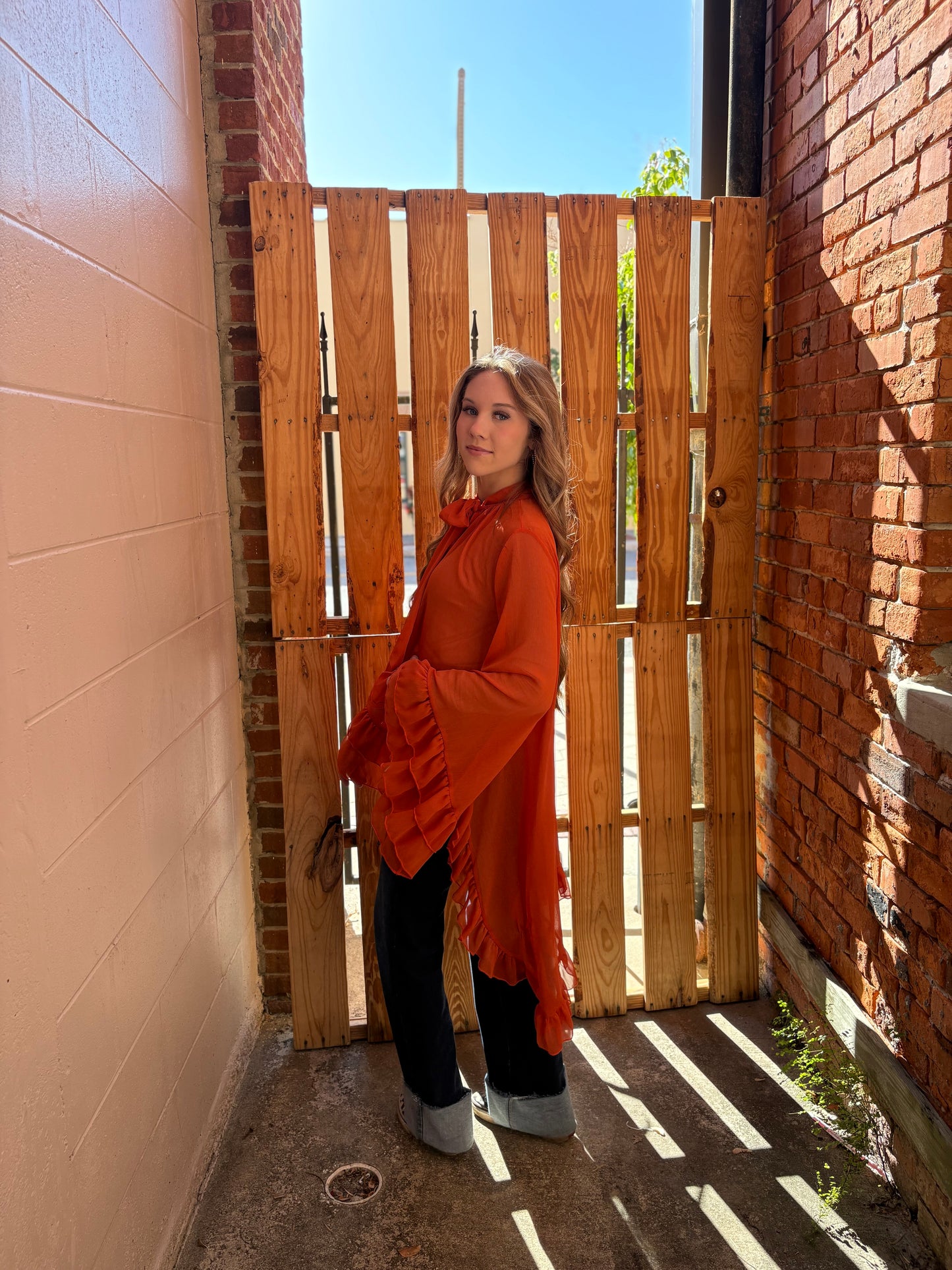 Dust & Grace- Rust Tie-Neck Blouse