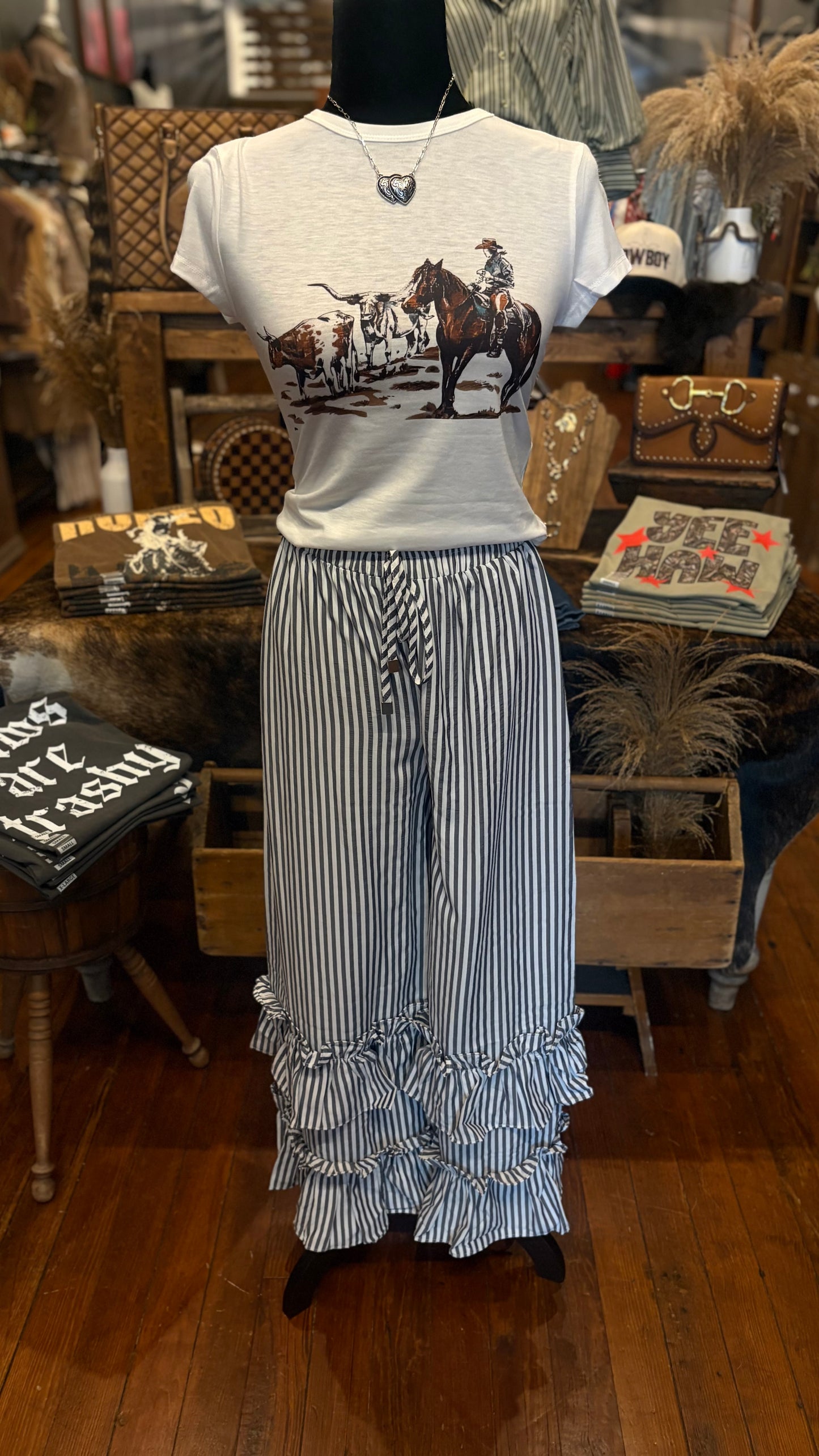 Ruffle River – Navy Striped Pant