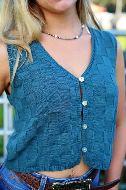Teal Timber – Checkered Knit Vest