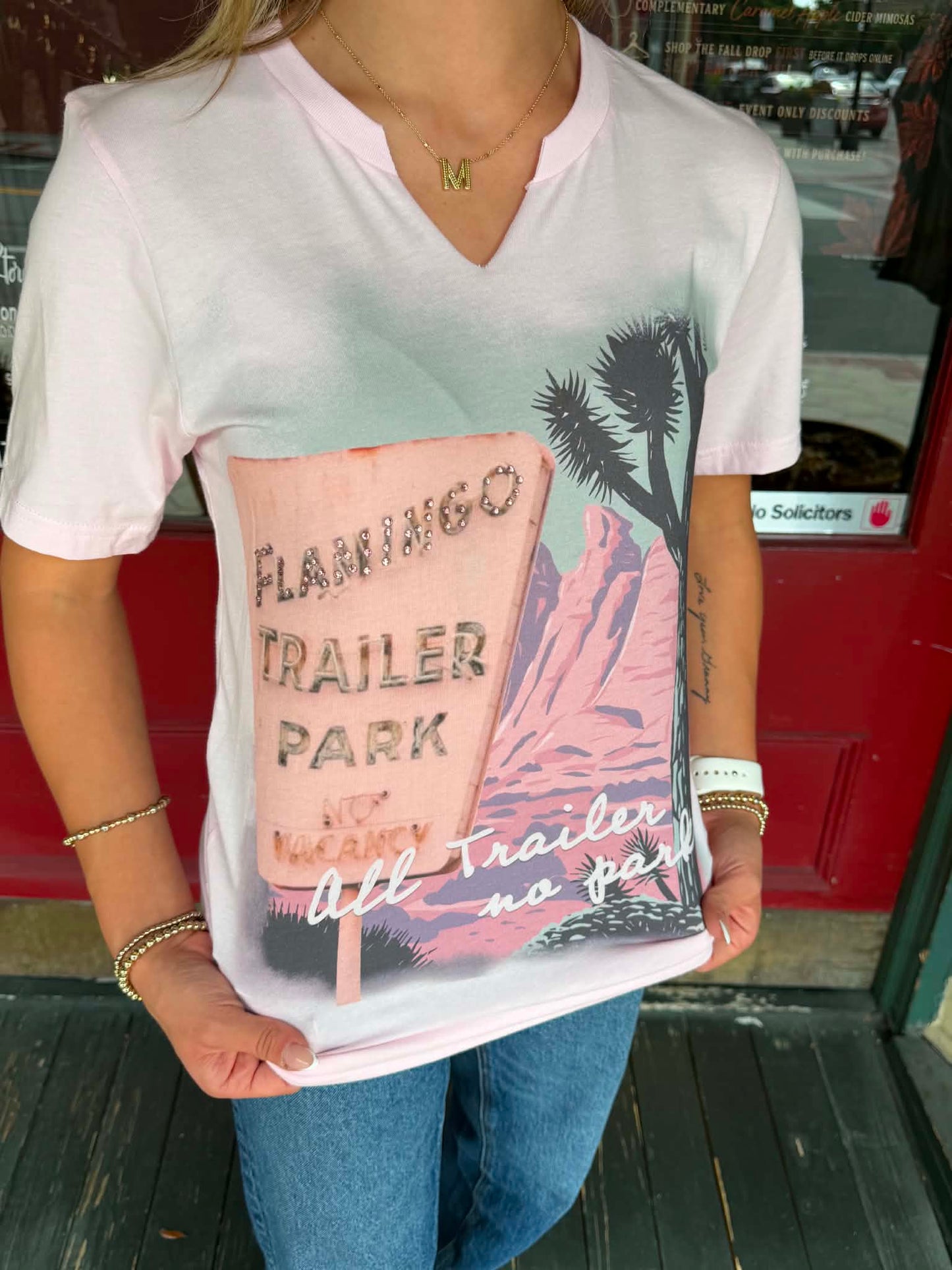 Flamingo Trailer Park – Light Pink V-Neck Graphic Tee