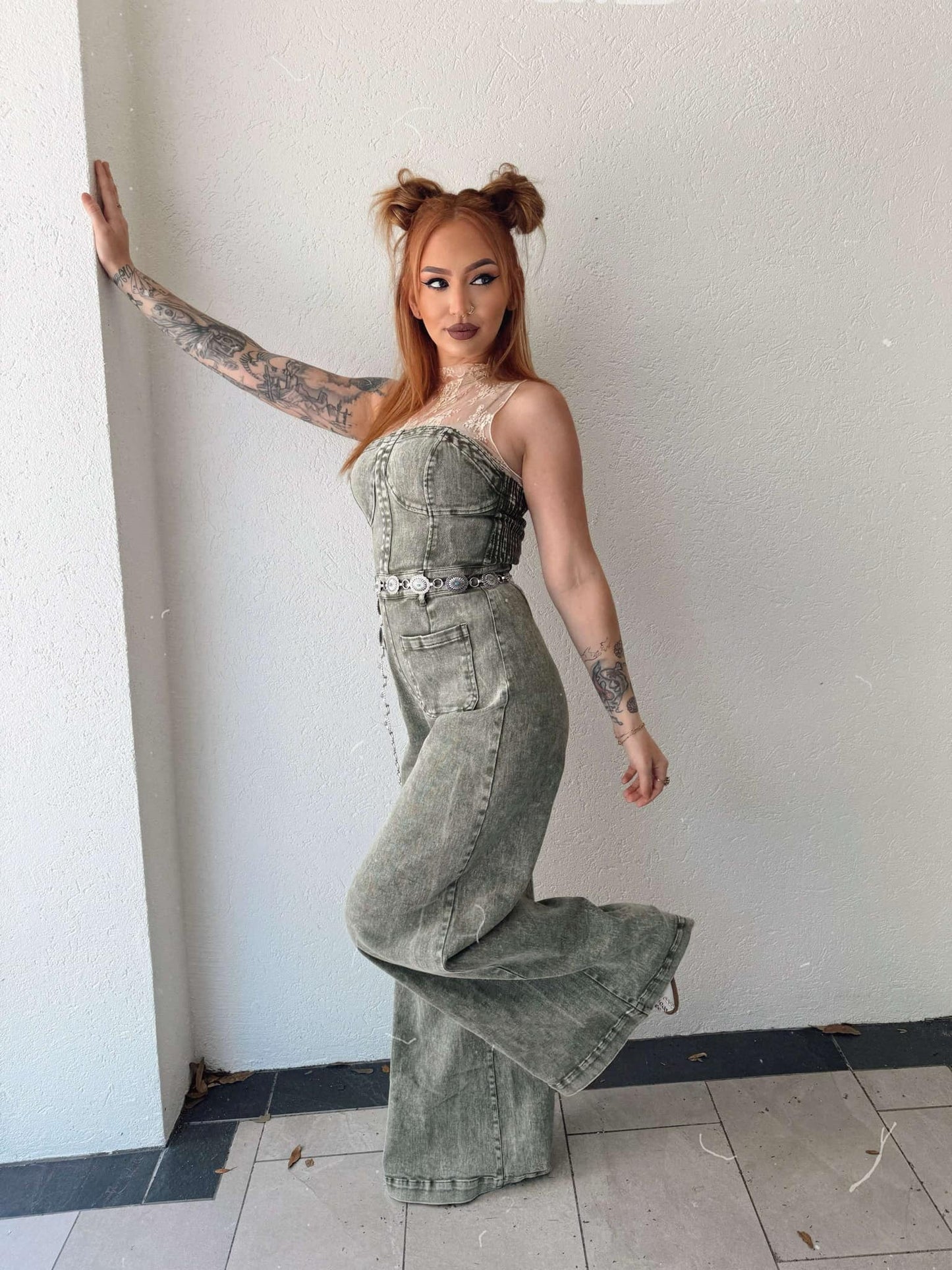 Rustic Charm - Olive Denim Jumpsuit