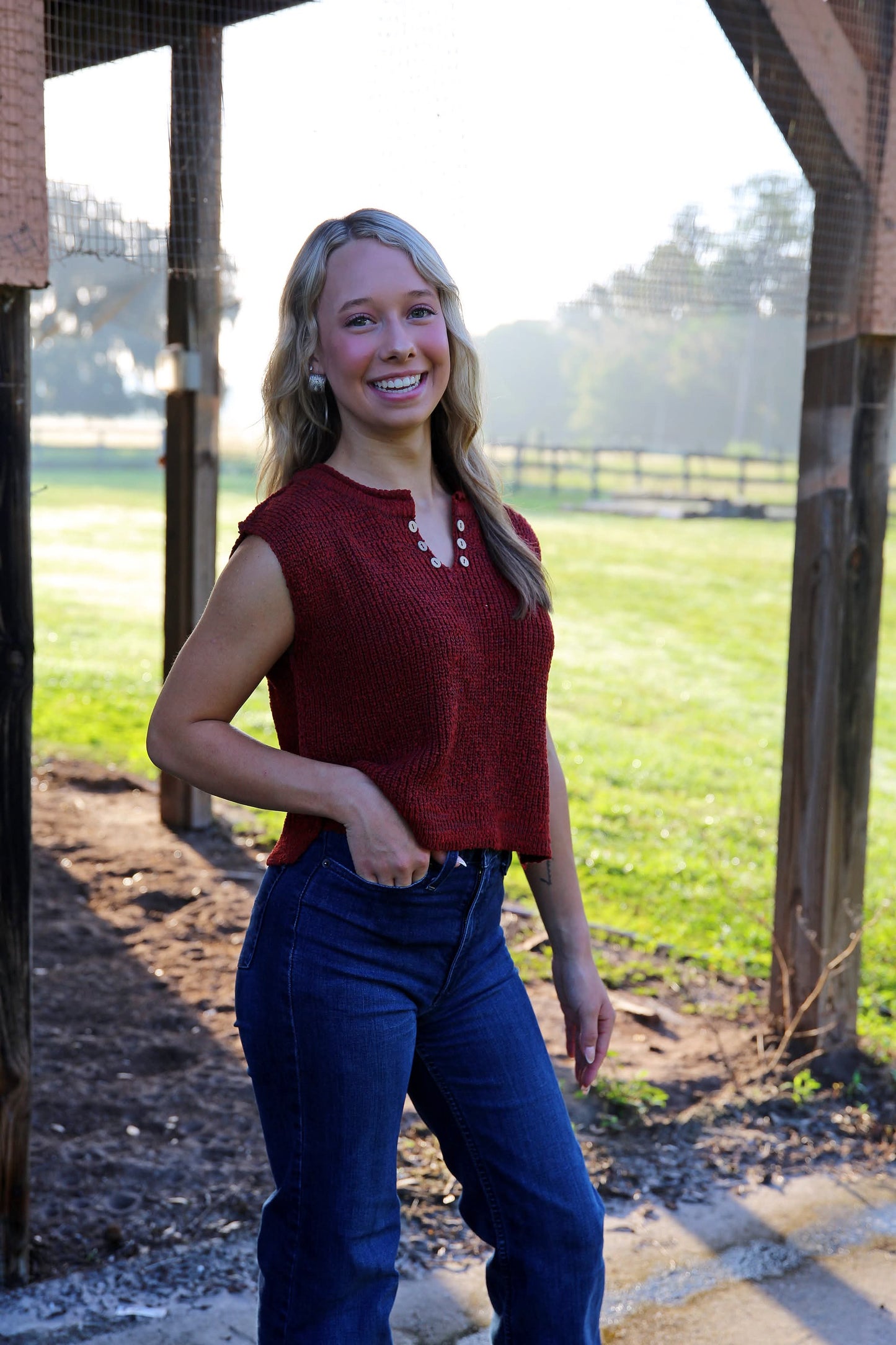 Worn & Woven – Spiced Rust Split Neck Sweater Vest