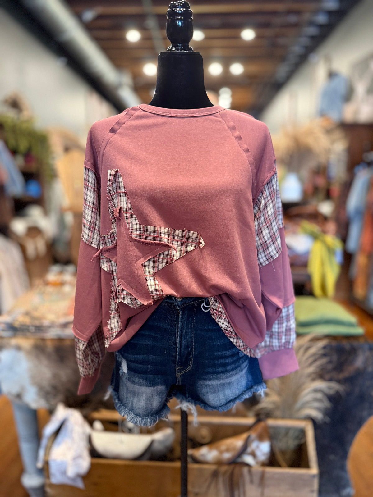 Stitched in Stars – Brick Plaid Top