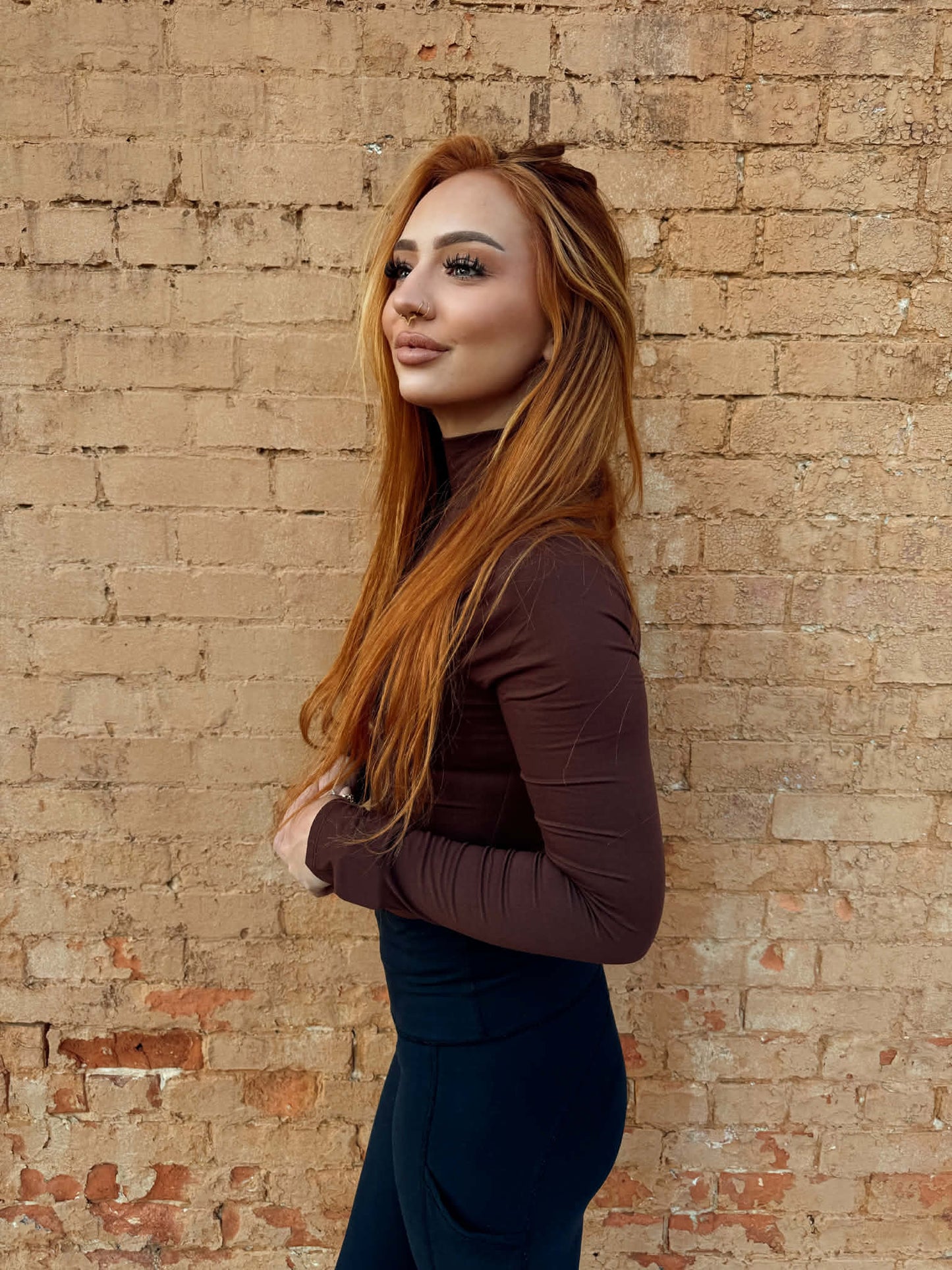 Mock Neck Long Sleeve Bodysuit - Brown *Door Buster*