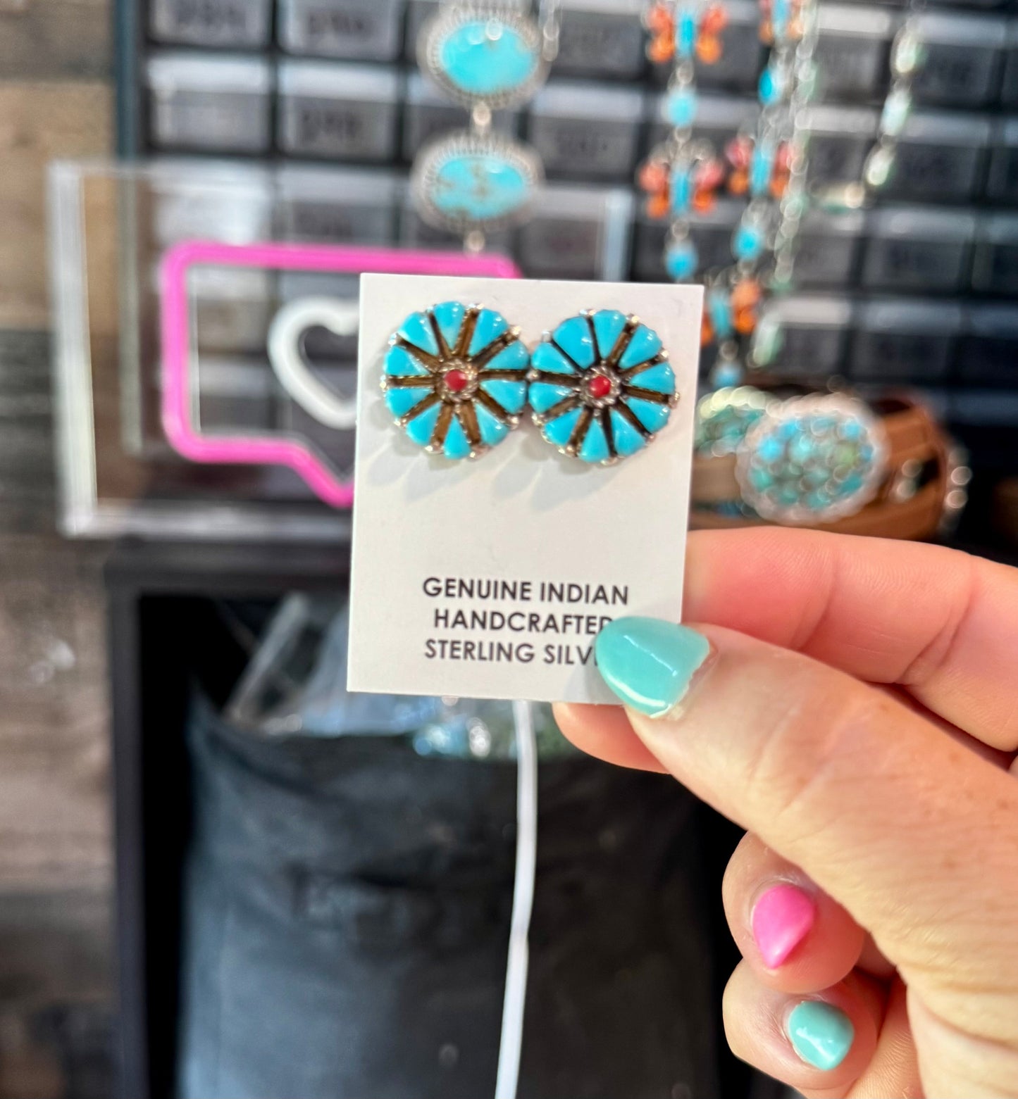 Blue Magnesite Turquoise & Red Cluster Stud Earrings