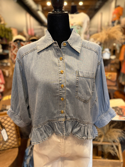 Skyline Horizon – Denim Ruffle Hem Top