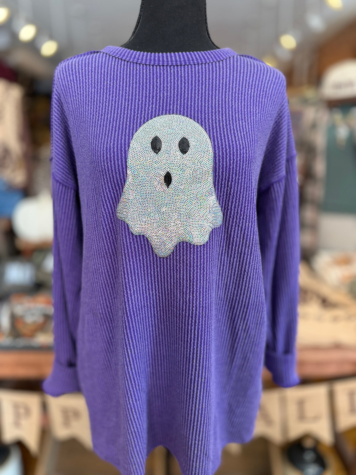 Holographic Haunt – Purple Ghost Ribbed Top