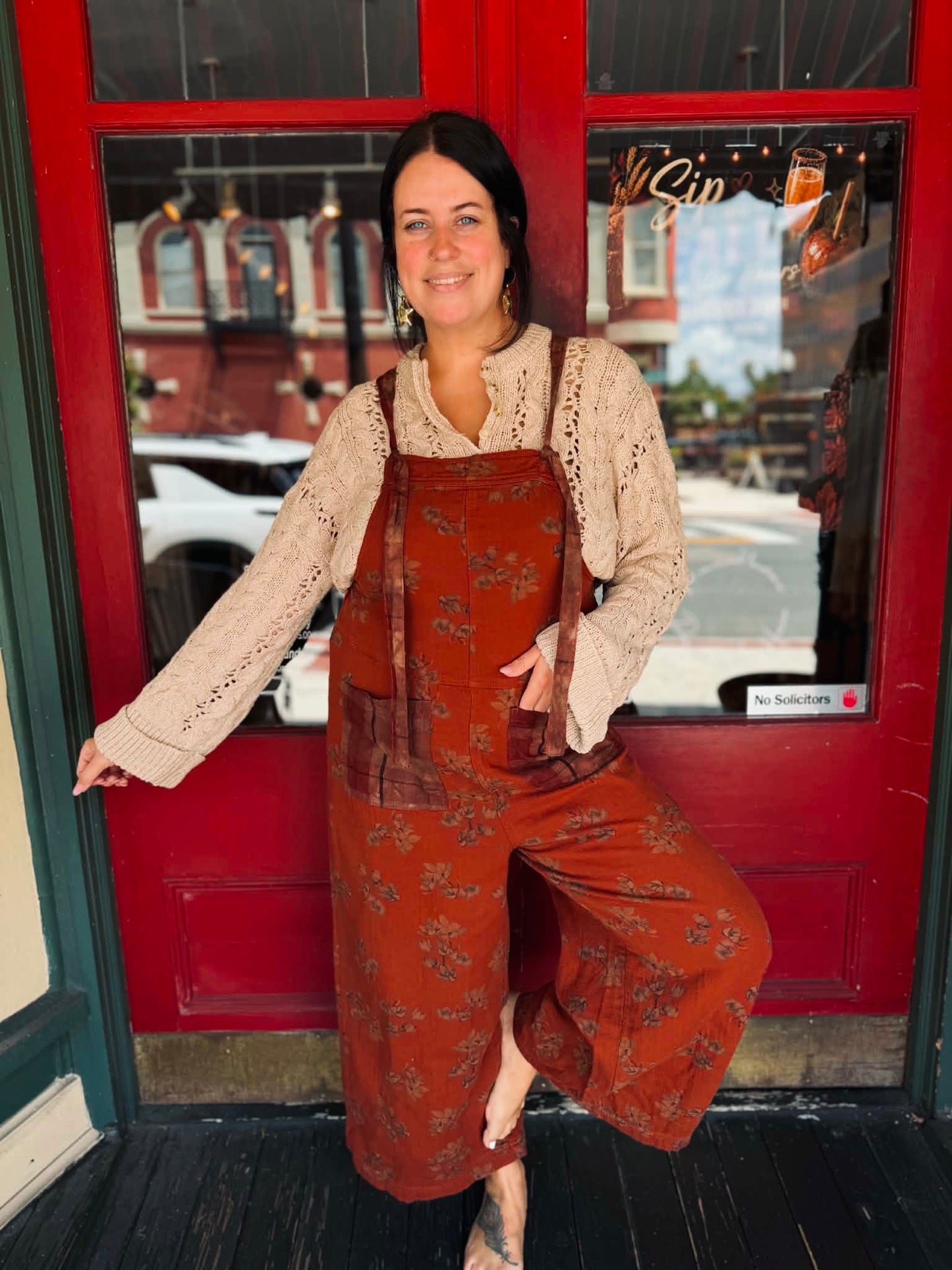 Harvest Bloom – Plaid Patch Rust Overalls