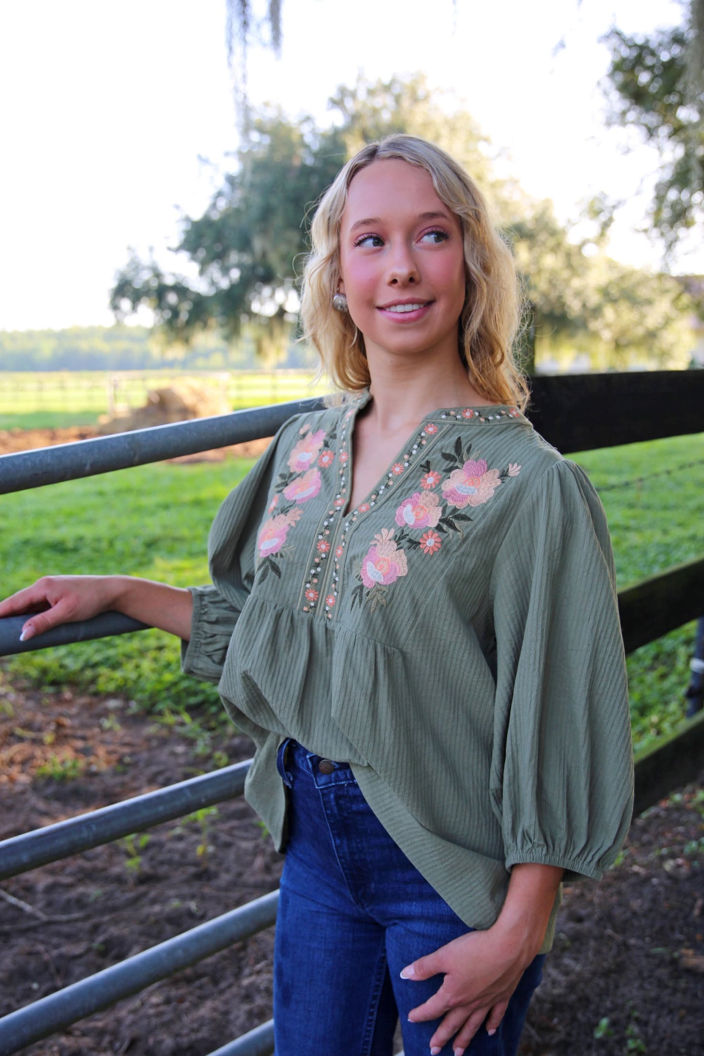 Autumn Wildflower – Olive Embroidered Blouse