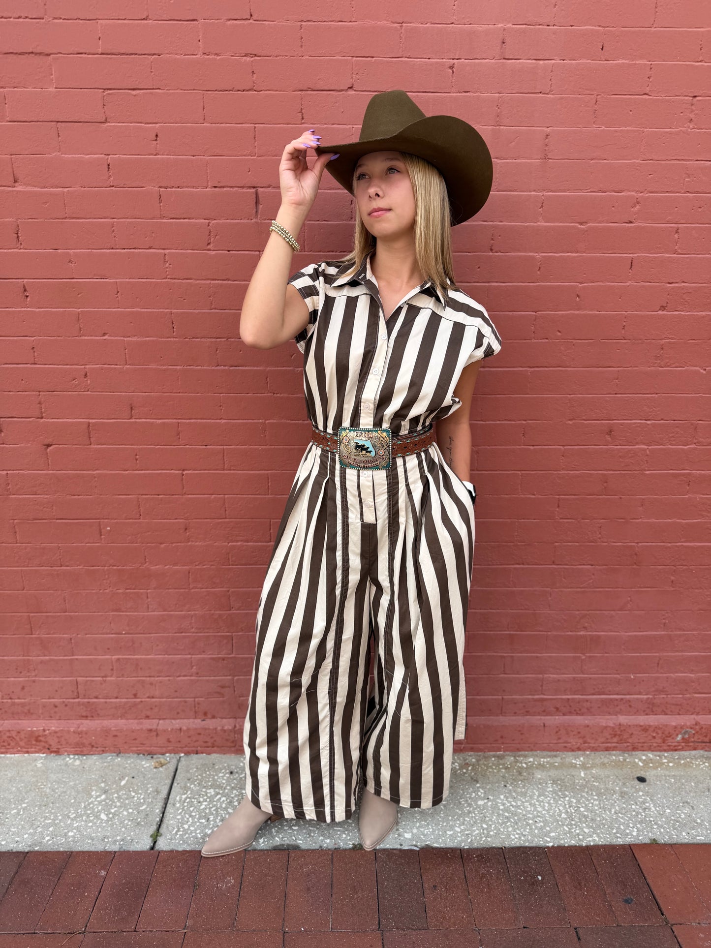 Love on the Line – Ivory-Brown Stripe Jumpsuit