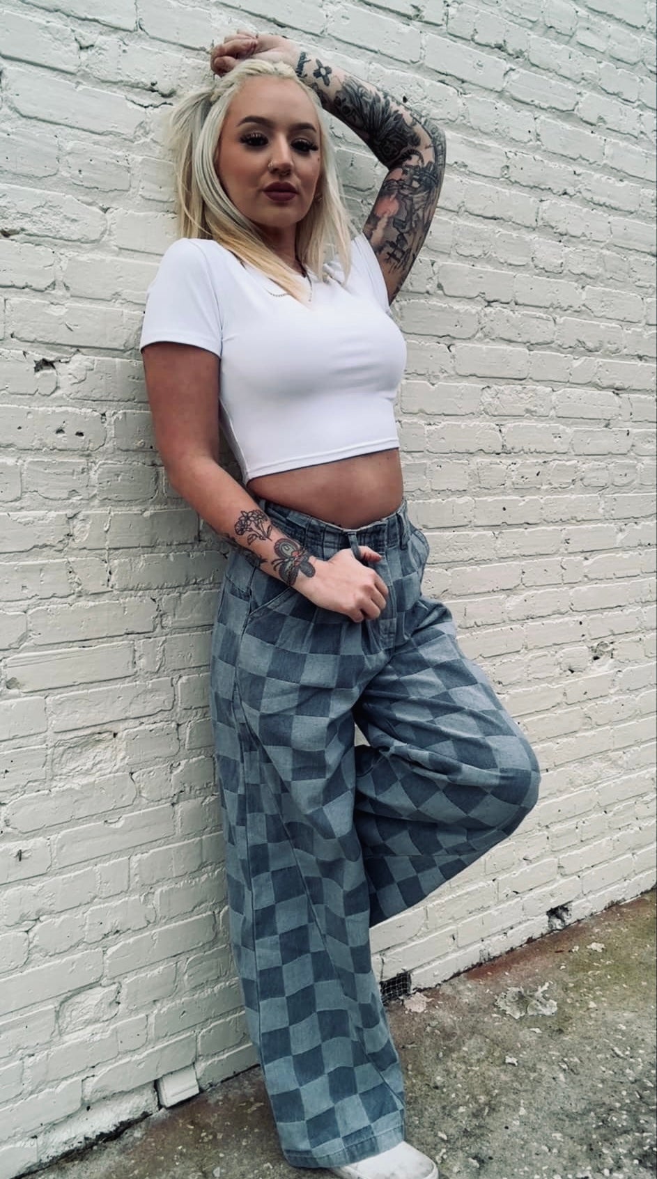 Checkered Denim Wide Leg Pants (As is)
