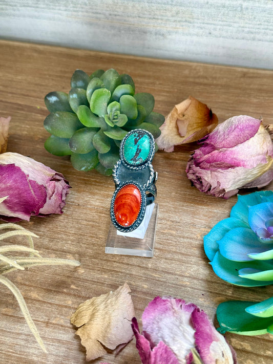 MJ Turquoise & Red Spiny Oyster Ring – Sterling Silver Adjustable Band