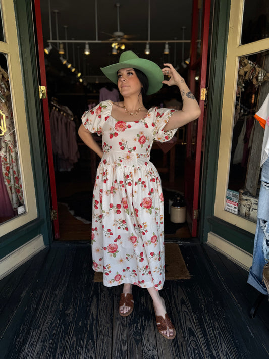 Strawberry Vine – White Midi Dress