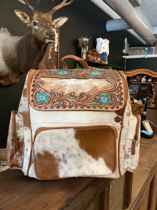 Cowhide & Turquoise Tooled Leather Backpack