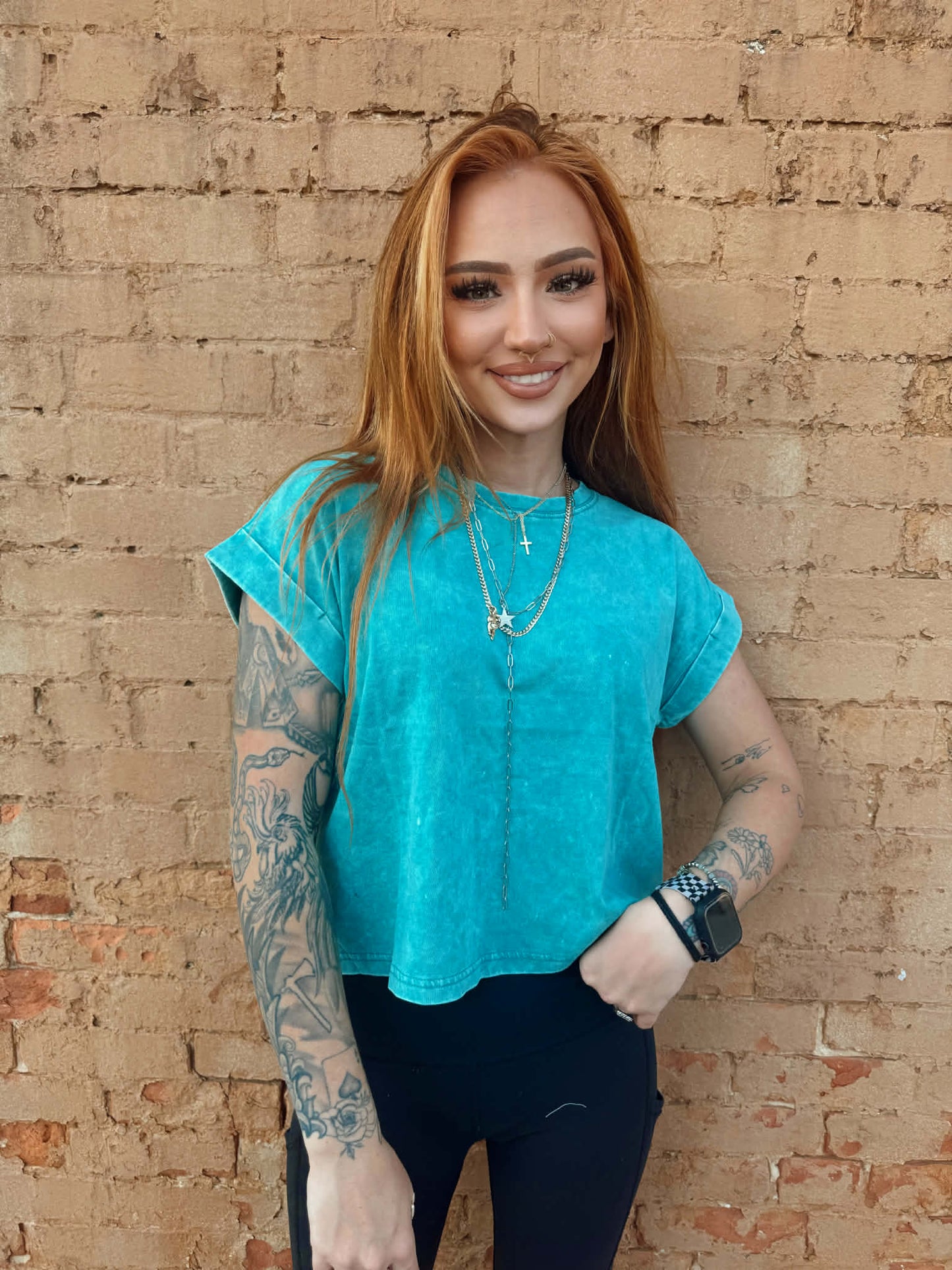 Washed Cotton Cuffed Short Sleeve Top - Teal *Door Buster*