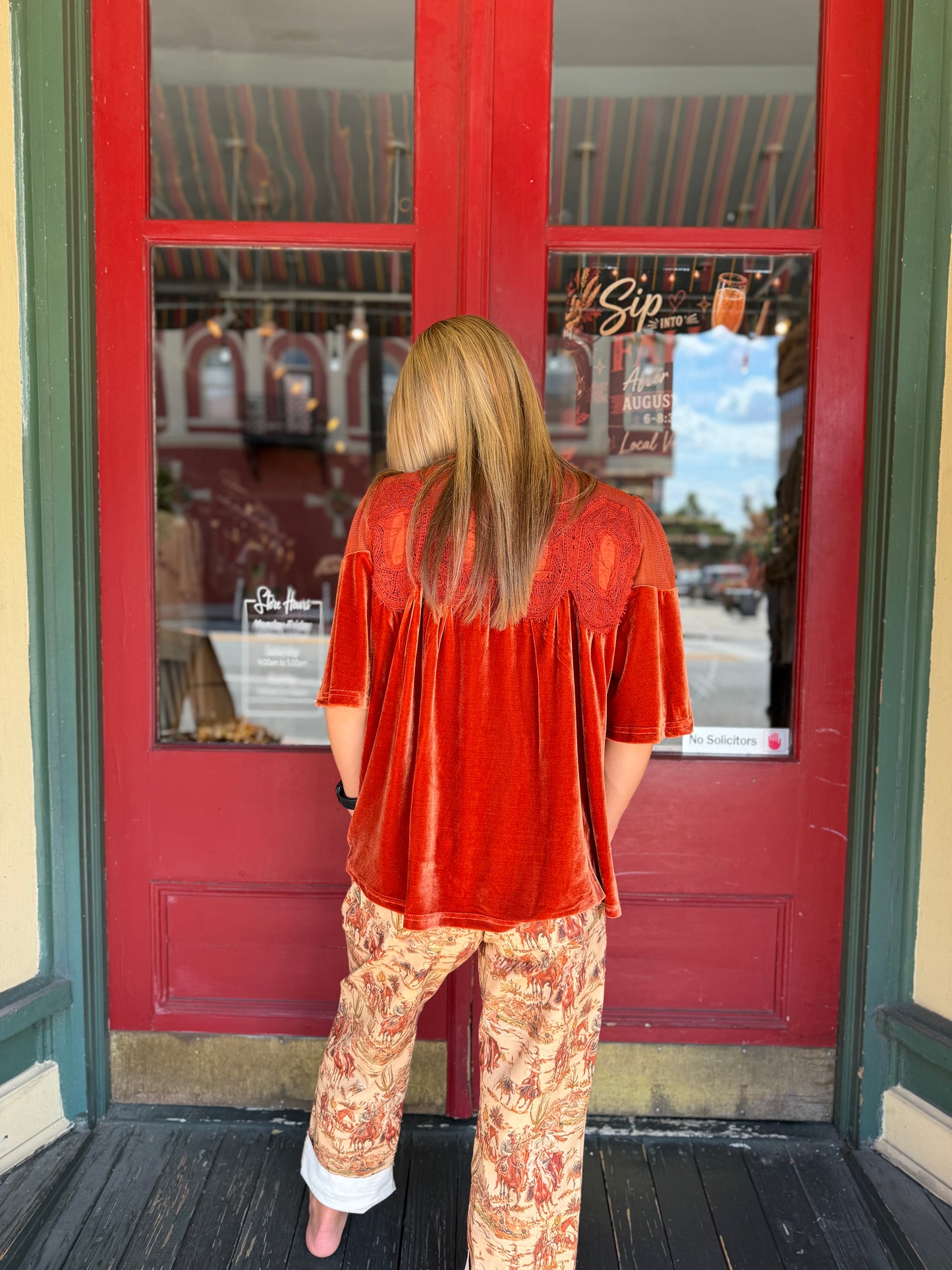 Velvet Charm – Rust Lace Babydoll Top
