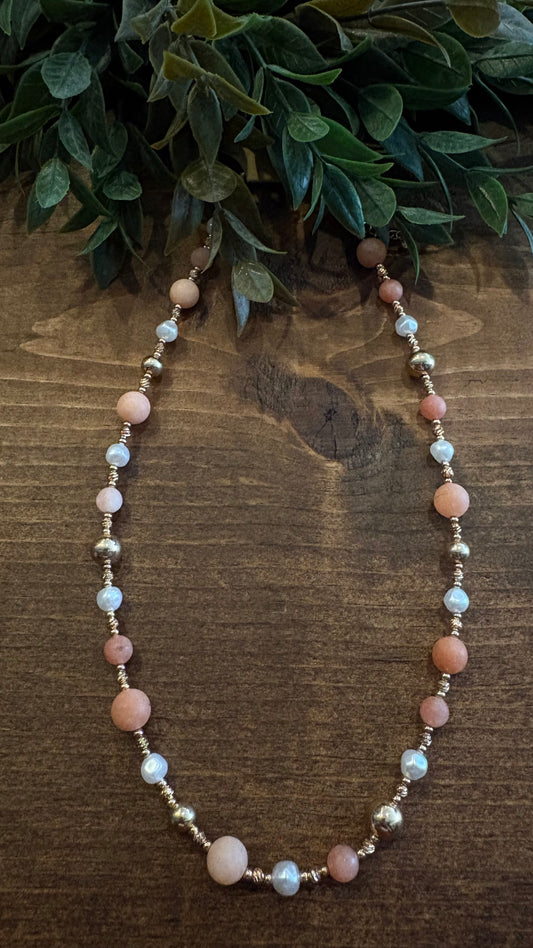 Peach Stone & Pearl-Gold Necklace