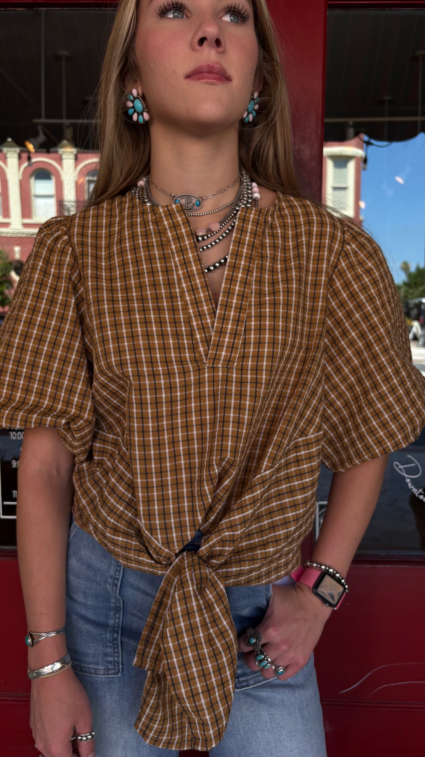 Rustic Honey – Camel Plaid Top