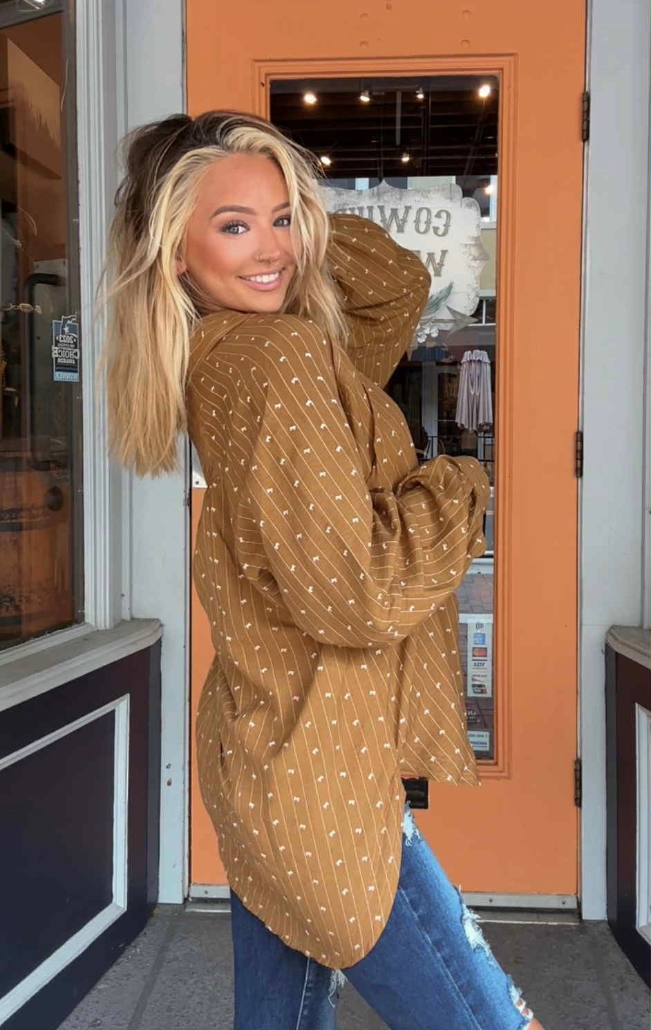 Bourbon & Bows - Camel Button Top