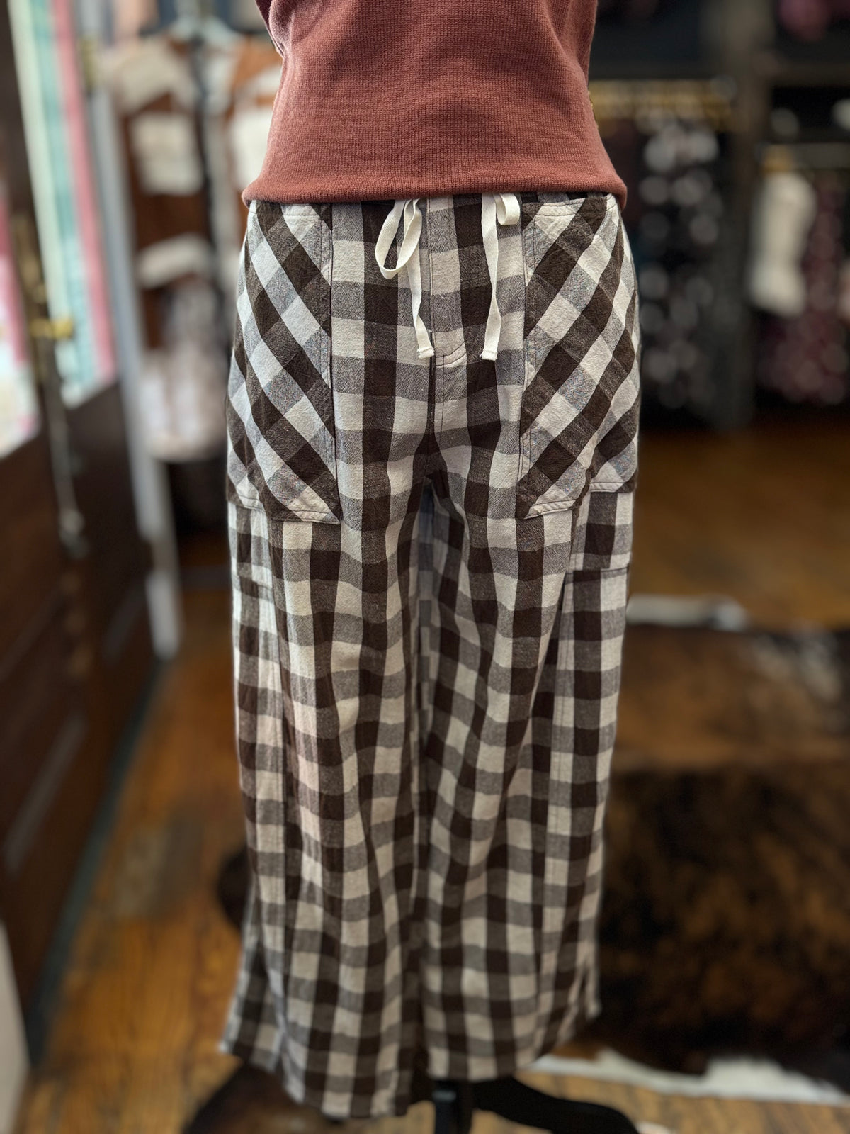 Cocoa Cottage - Brown Gingham Barrel Pants
