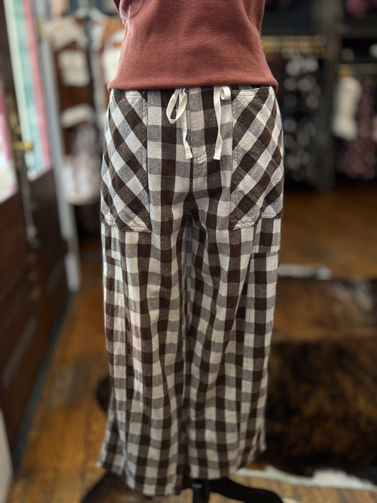 Cocoa Cottage - Brown Gingham Barrel Pants