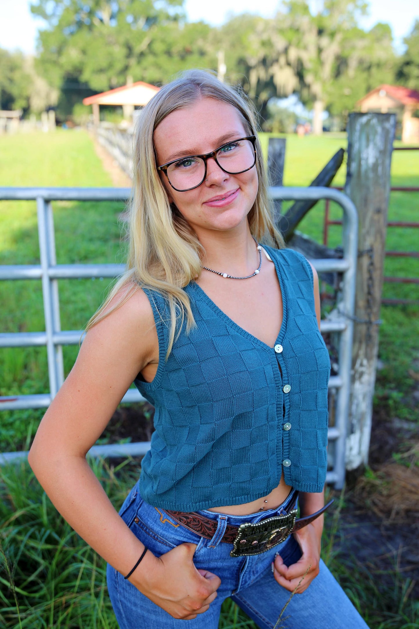 Teal Timber – Checkered Knit Vest