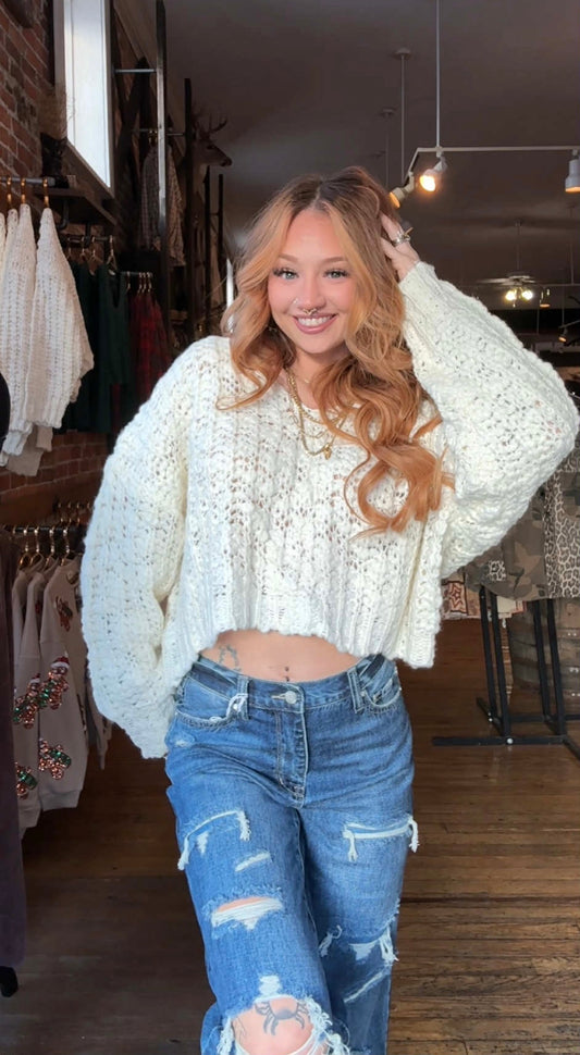 Snowfall Snuggle - Ivory Crop Sweater
