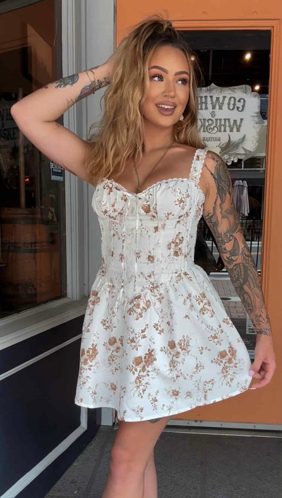 Whisk Me Away - Brown Floral Corset Dress