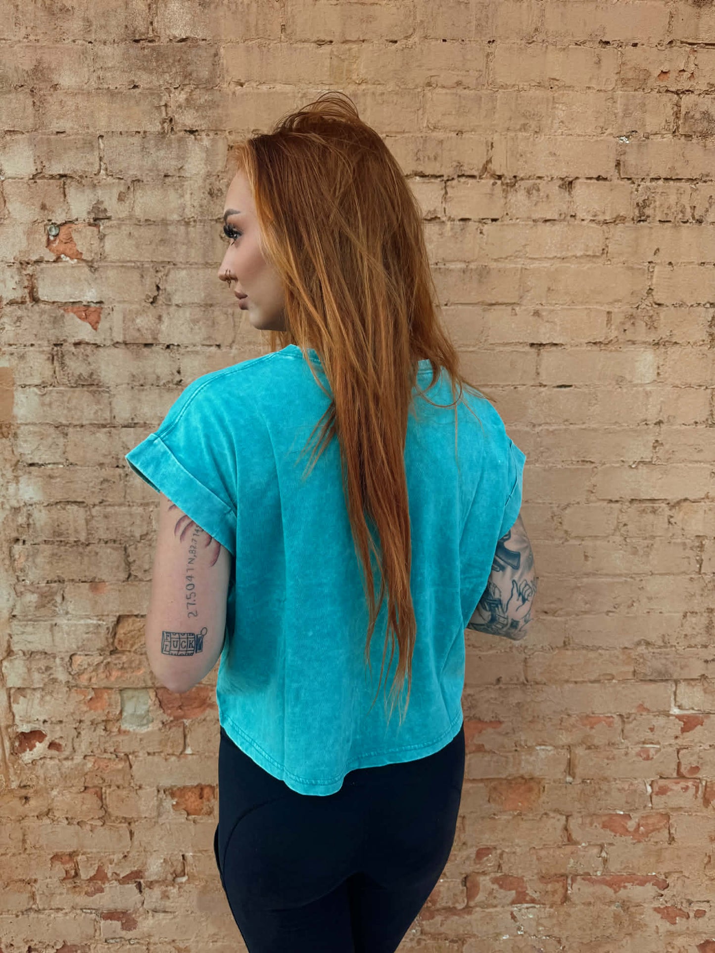 Washed Cotton Cuffed Short Sleeve Top - Teal *Door Buster*