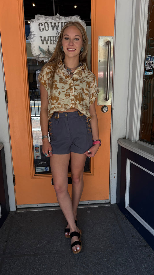 Cinch Me In – Gold Buckle Denim Shorts
