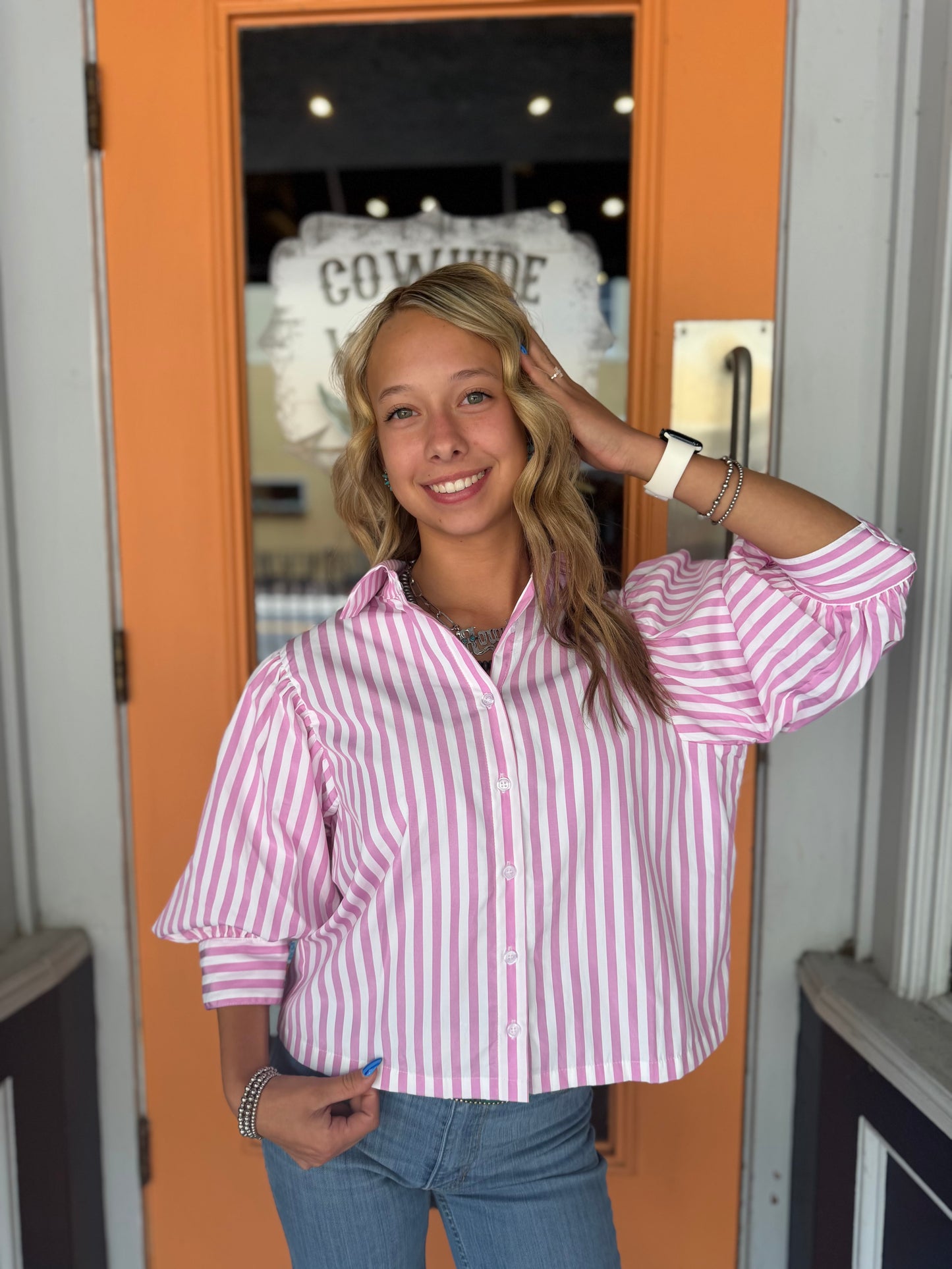 Pretty in Pink – Stripe Puff Sleeve Blouse