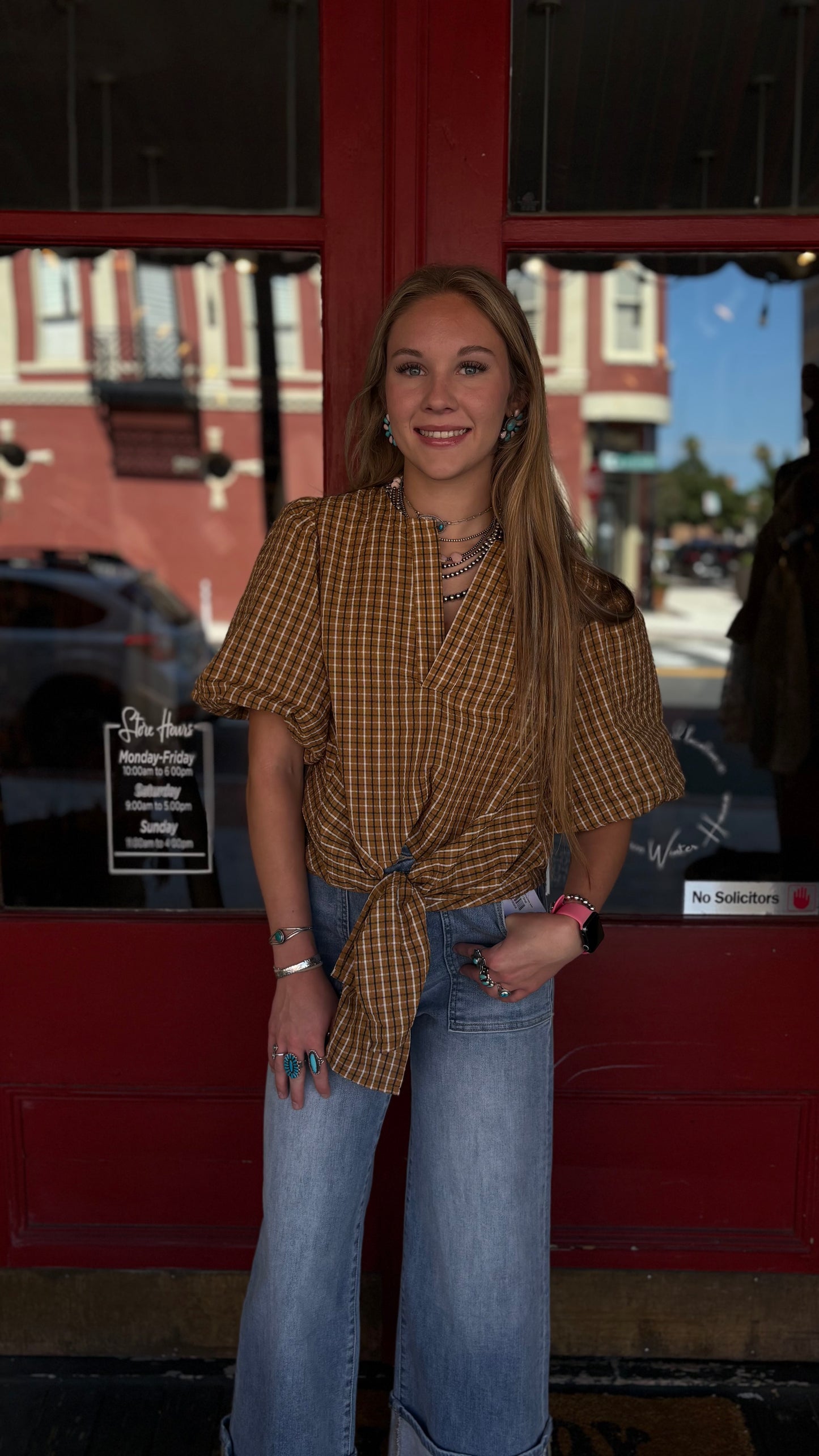Rustic Honey – Camel Plaid Top