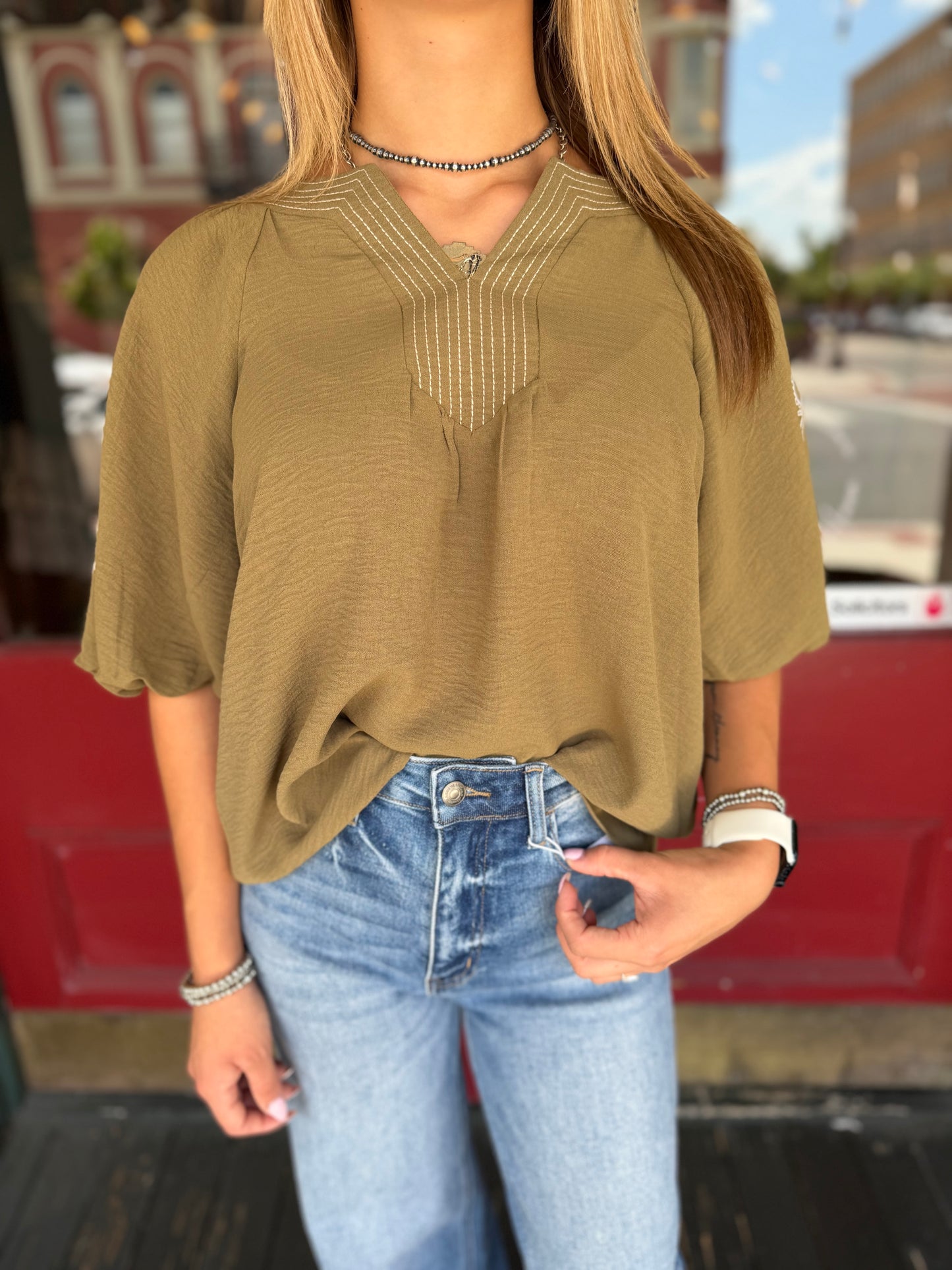 Lily of the Valley – Olive Puff Sleeve Blouse