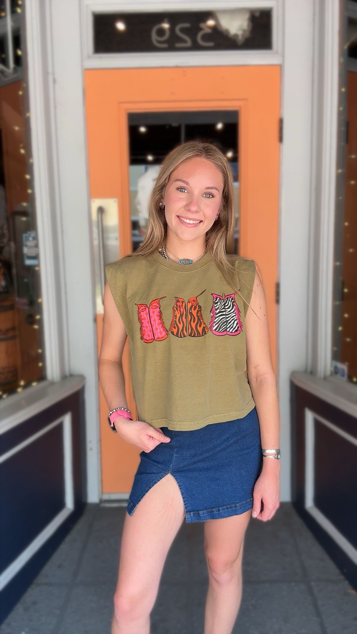 Chaps & Charm – Olive Muscle Tank