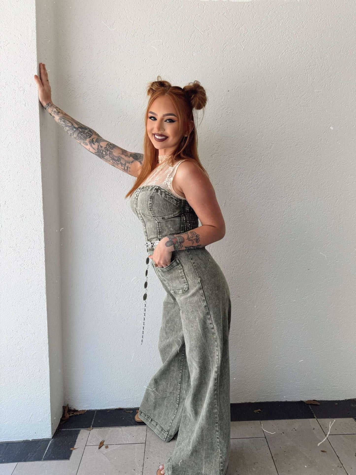 Rustic Charm - Olive Denim Jumpsuit