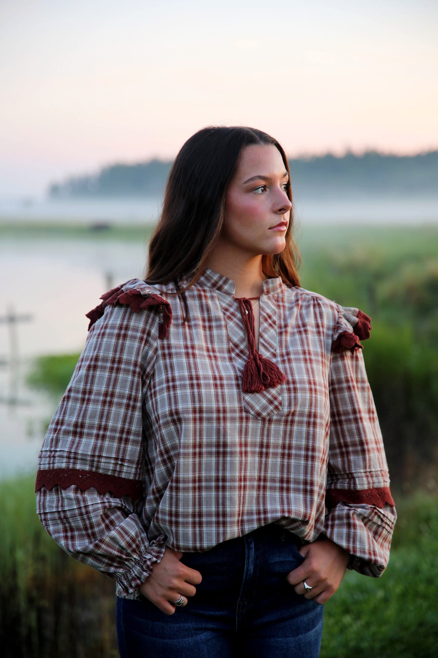 Cranberry Season – Brick Plaid Top