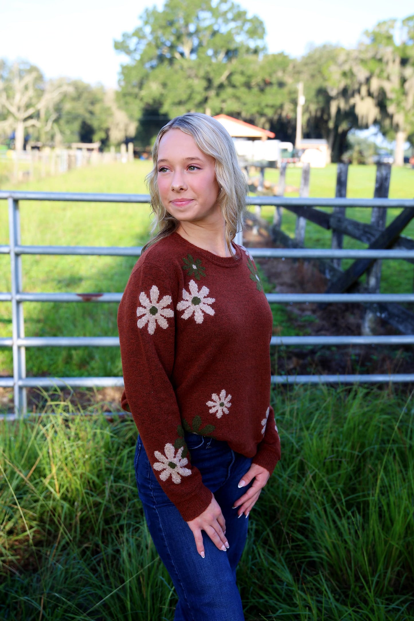 Rustic Bloom – Rust Floral Sweater