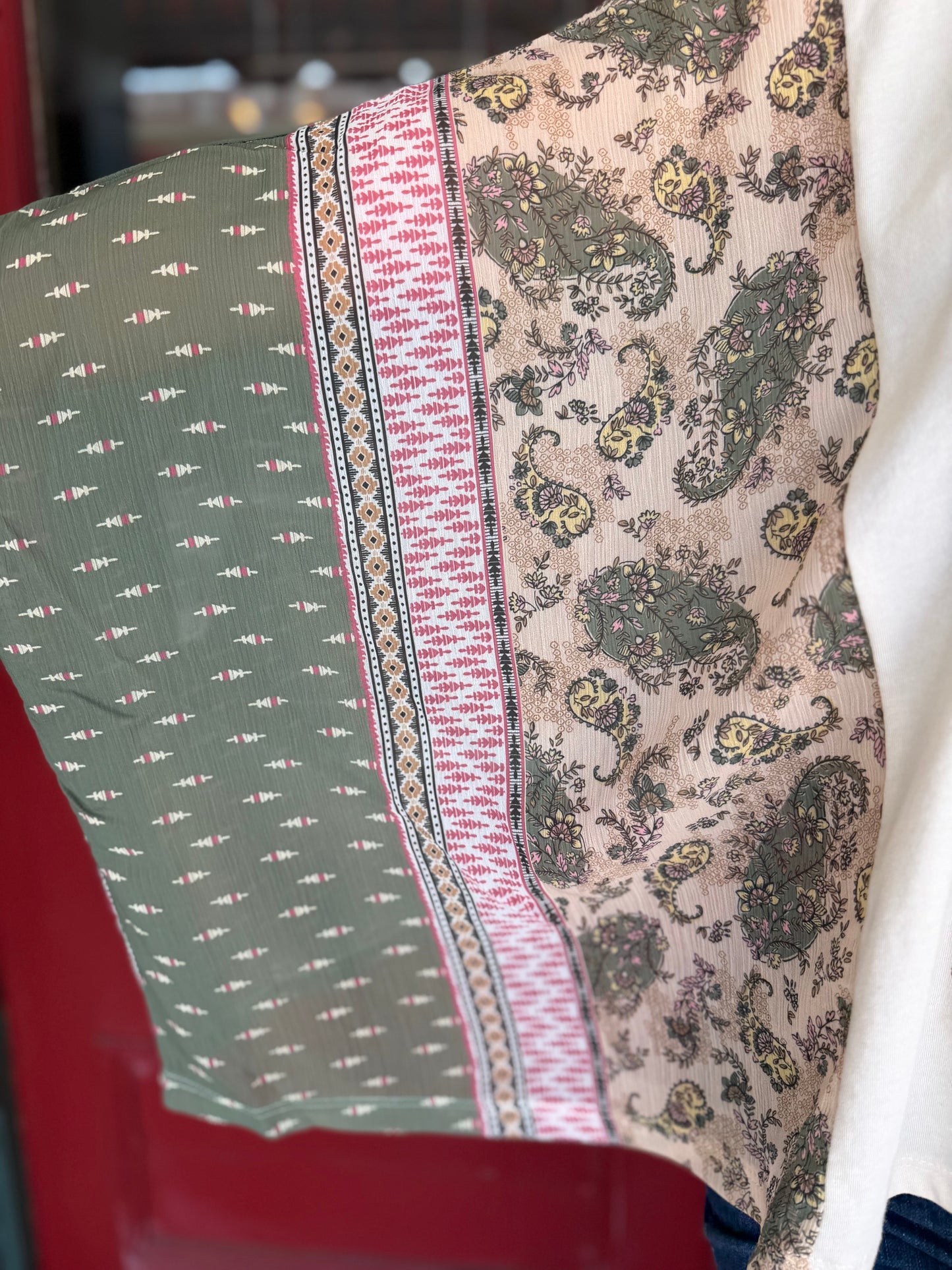Cowboy's Calling – Antique White/Green Batwing Top