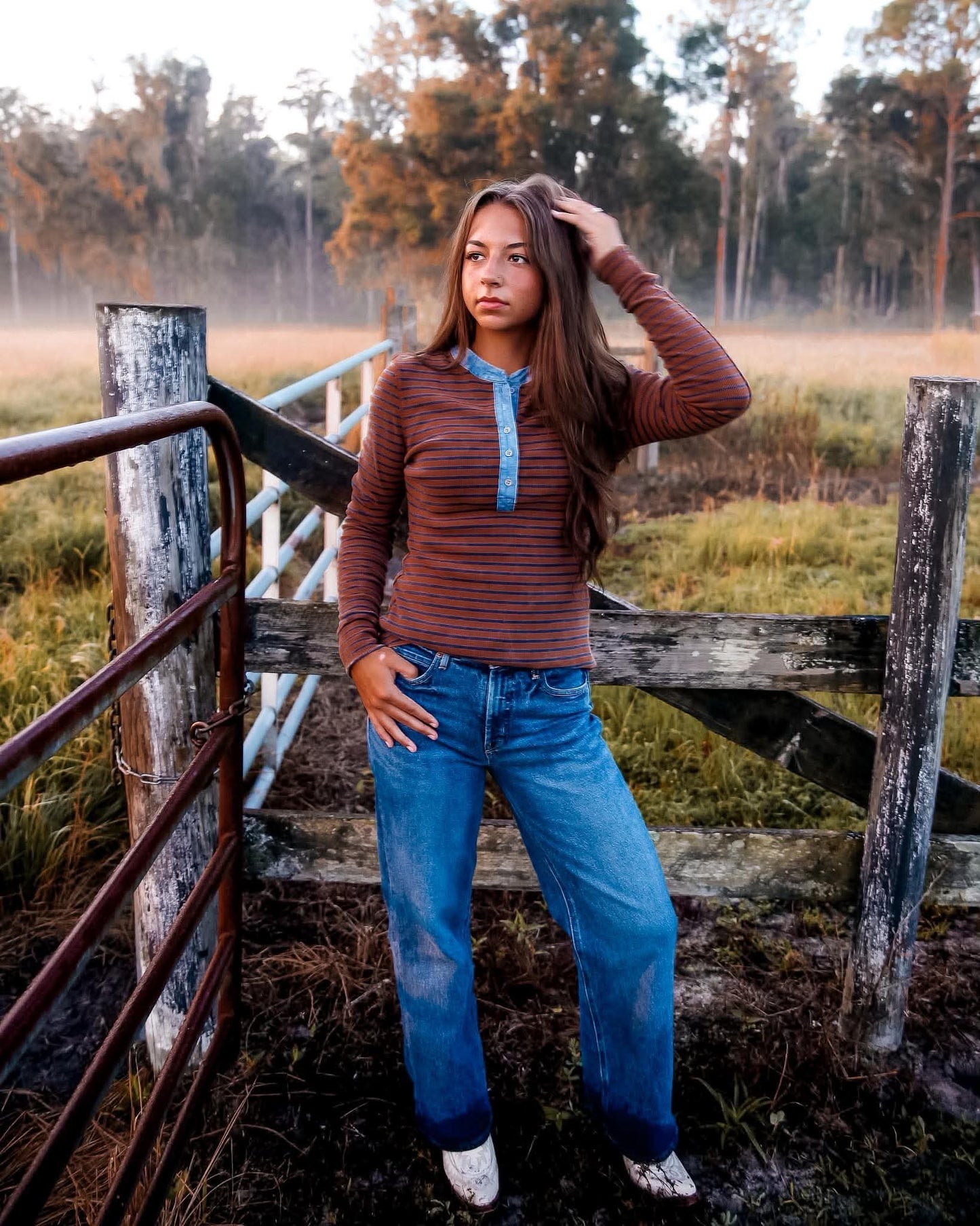 Rust & Denim – Striped Henley Top