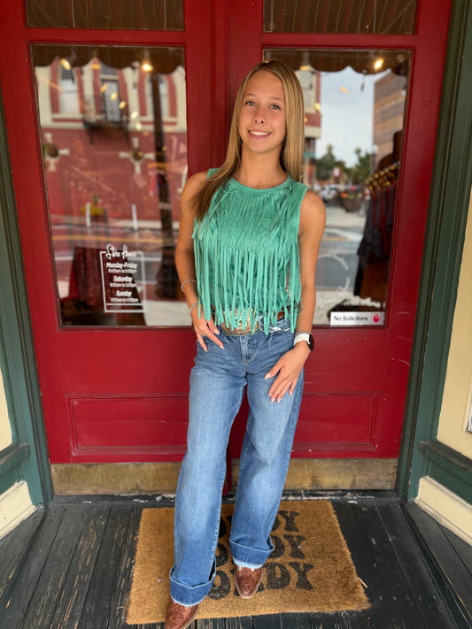 Saloon Suede – Teal Fringe Tank Top