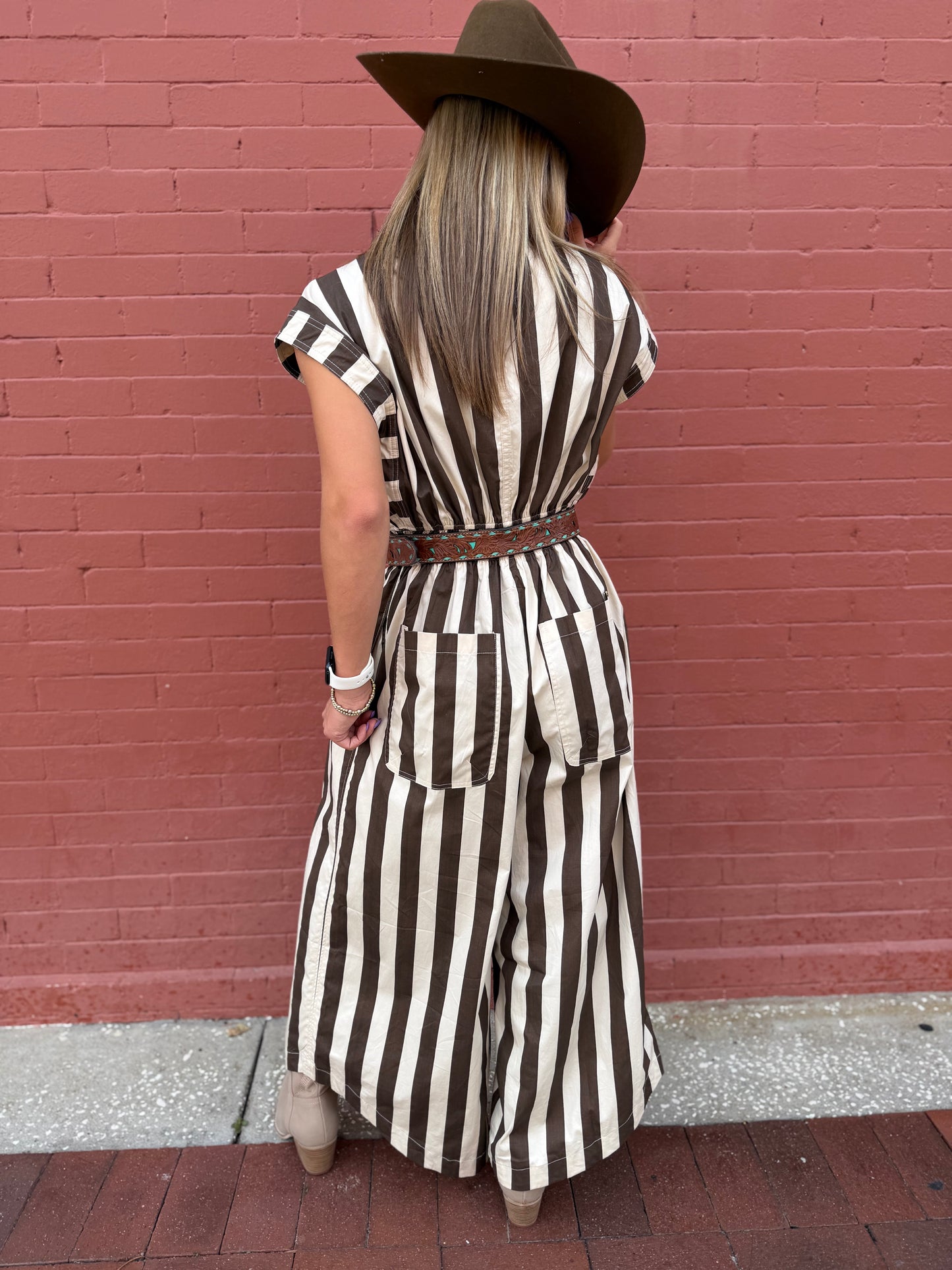 Love on the Line – Ivory-Brown Stripe Jumpsuit
