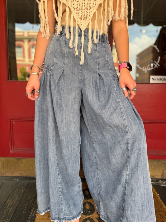 Blue Jean Baby – Denim Tiered Wide Leg Pants