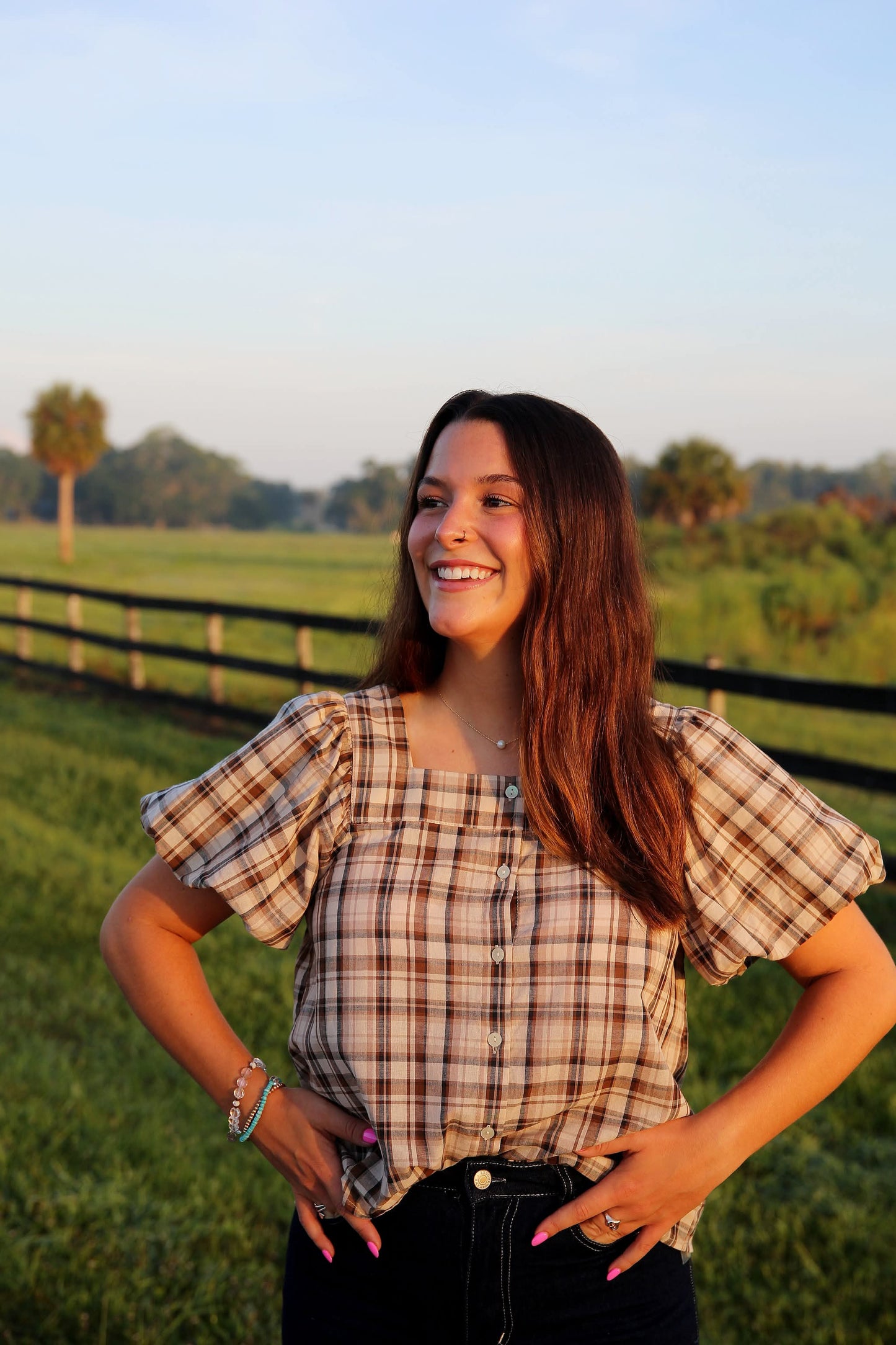 Tobacco Trail – Brown Plaid Bubble Sleeve Blouse