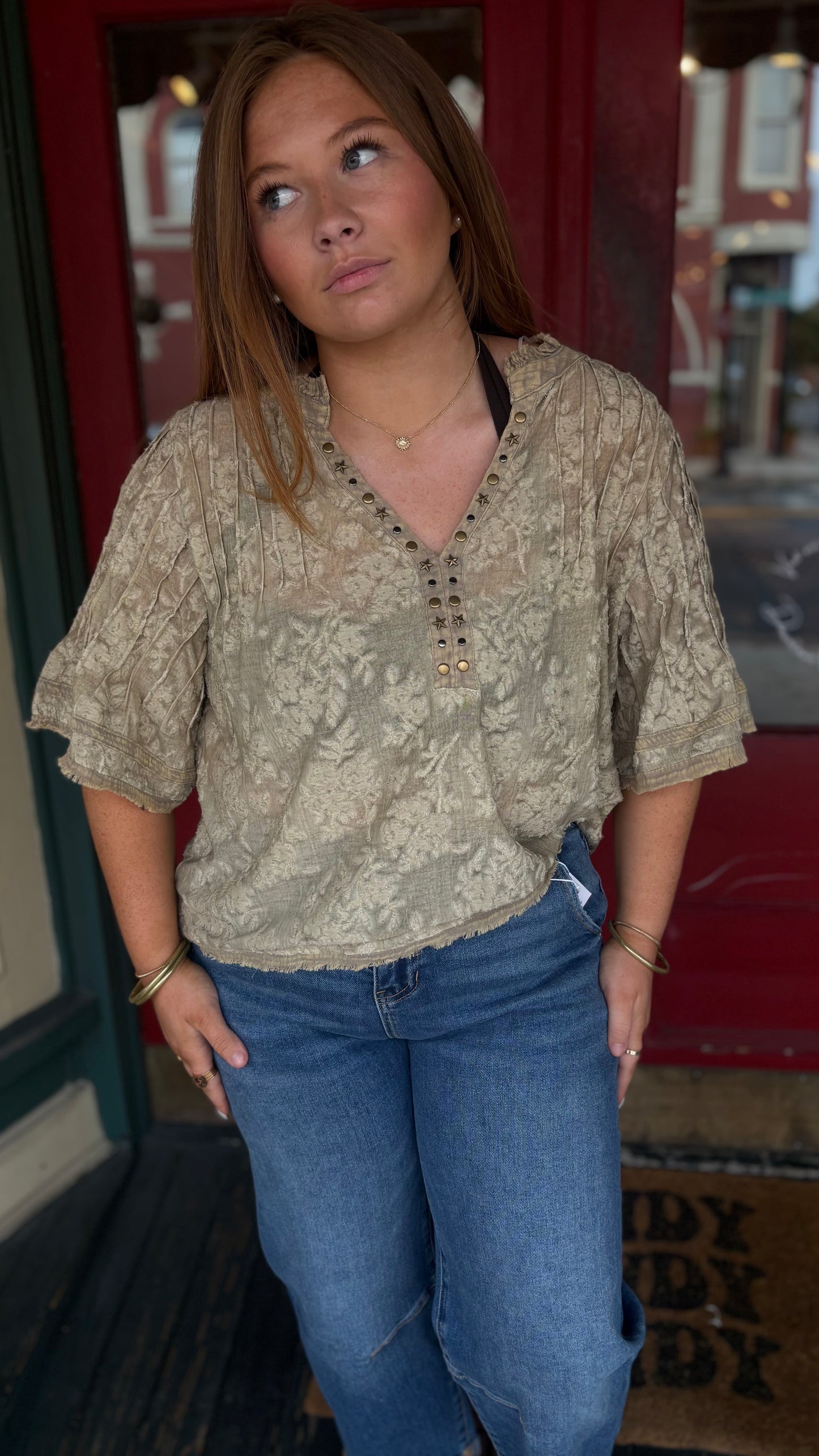Velvet Garden – Taupe Floral Top