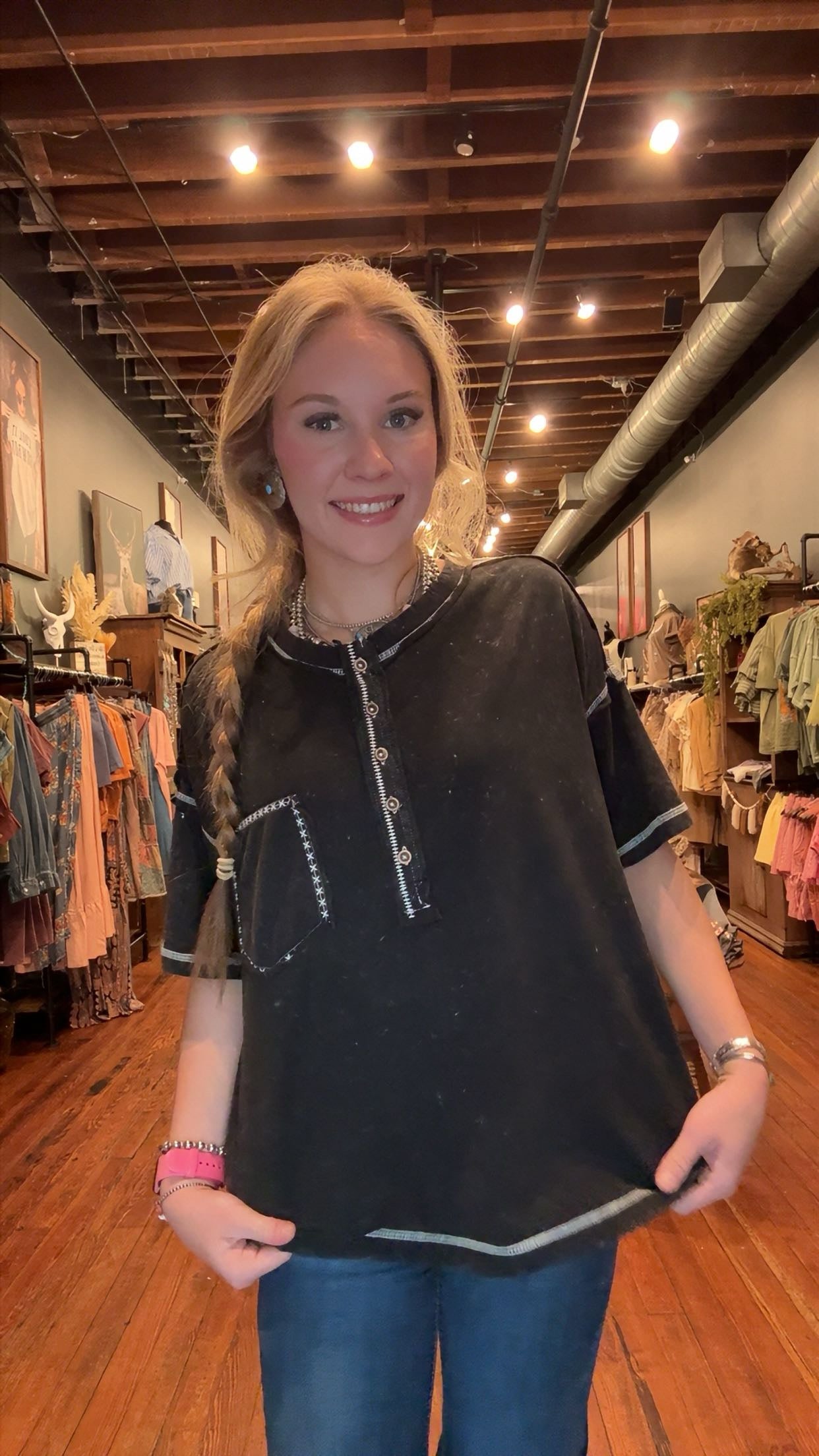 Night Coastline - Black Acid Wash Top