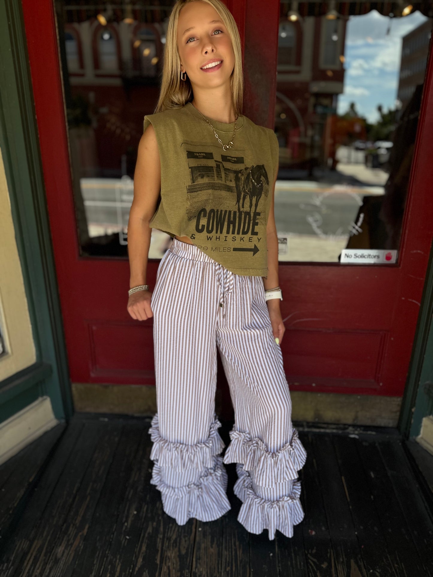 Ruffle River – Taupe Striped Pant