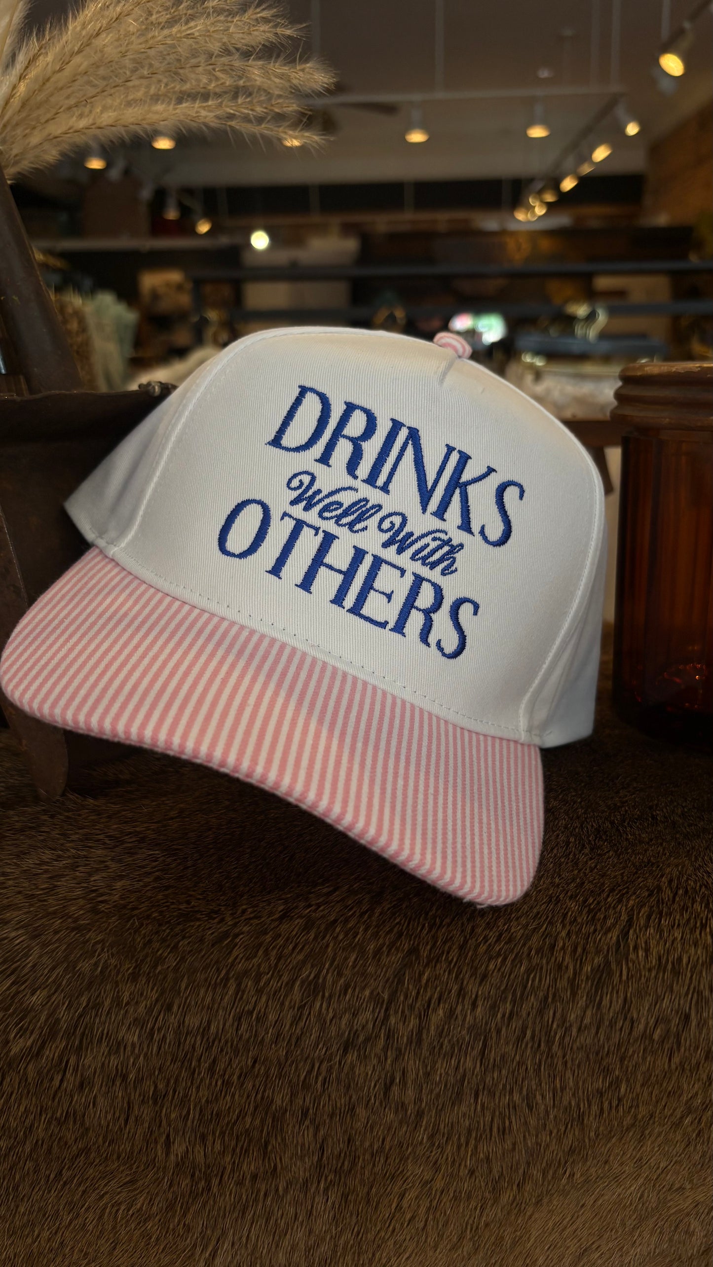 Drinks Well With Others- White & Pink Pin Stripe Trucker Hat
