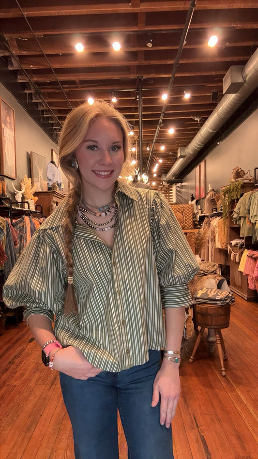 Front Porch Fern – Olive Puff Sleeve Top